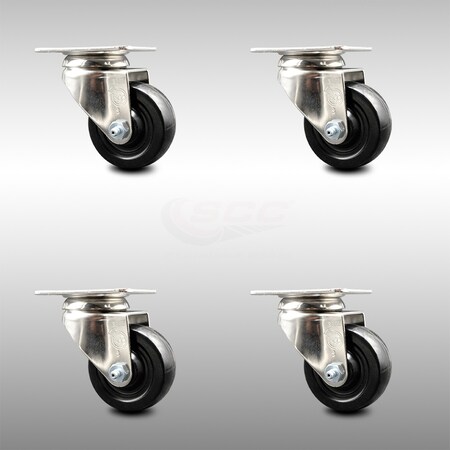 Service Caster 3 Inch 316SS Hard Rubber Wheel Swivel Top Plate Caster Set SCC-SS31620S314-HRS-4